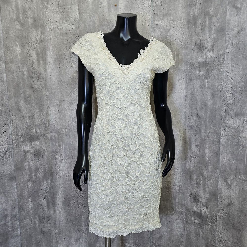 Vintage 80s 90s Molly Malloy Womens‎ M Ivory Lace Wiggle Dress Cocktail Party